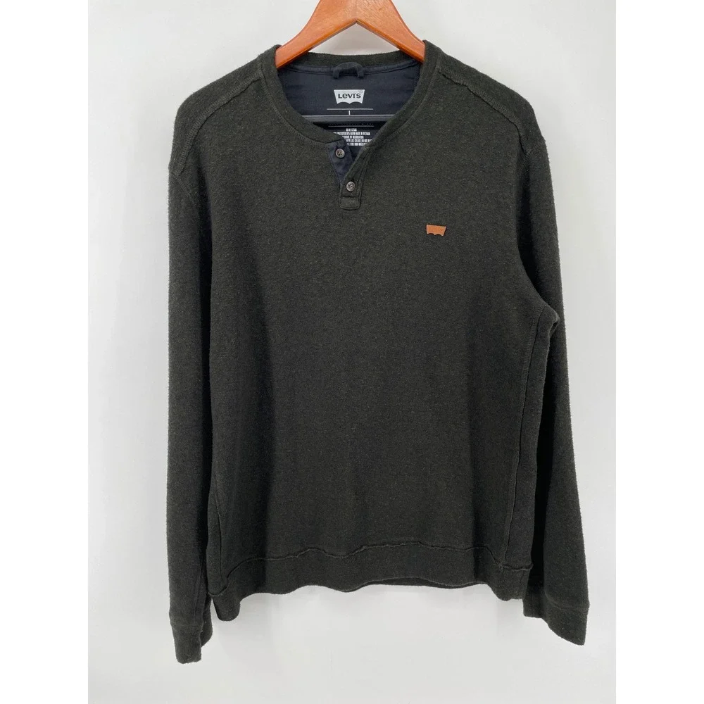Levi's Henley Sweater Mens Large Green Lightweight Pullover Long Sleeve Logo